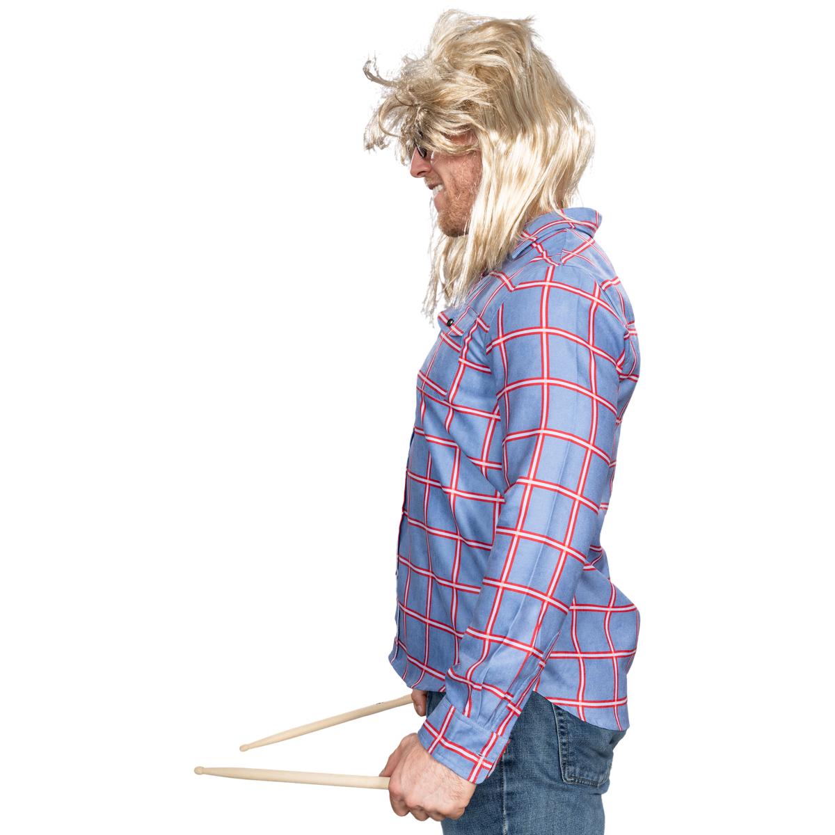 Garth Funny Tv Show Character Cosplay Button Down Flannel Shirt Wig and Drumstick Halloween Costume Set