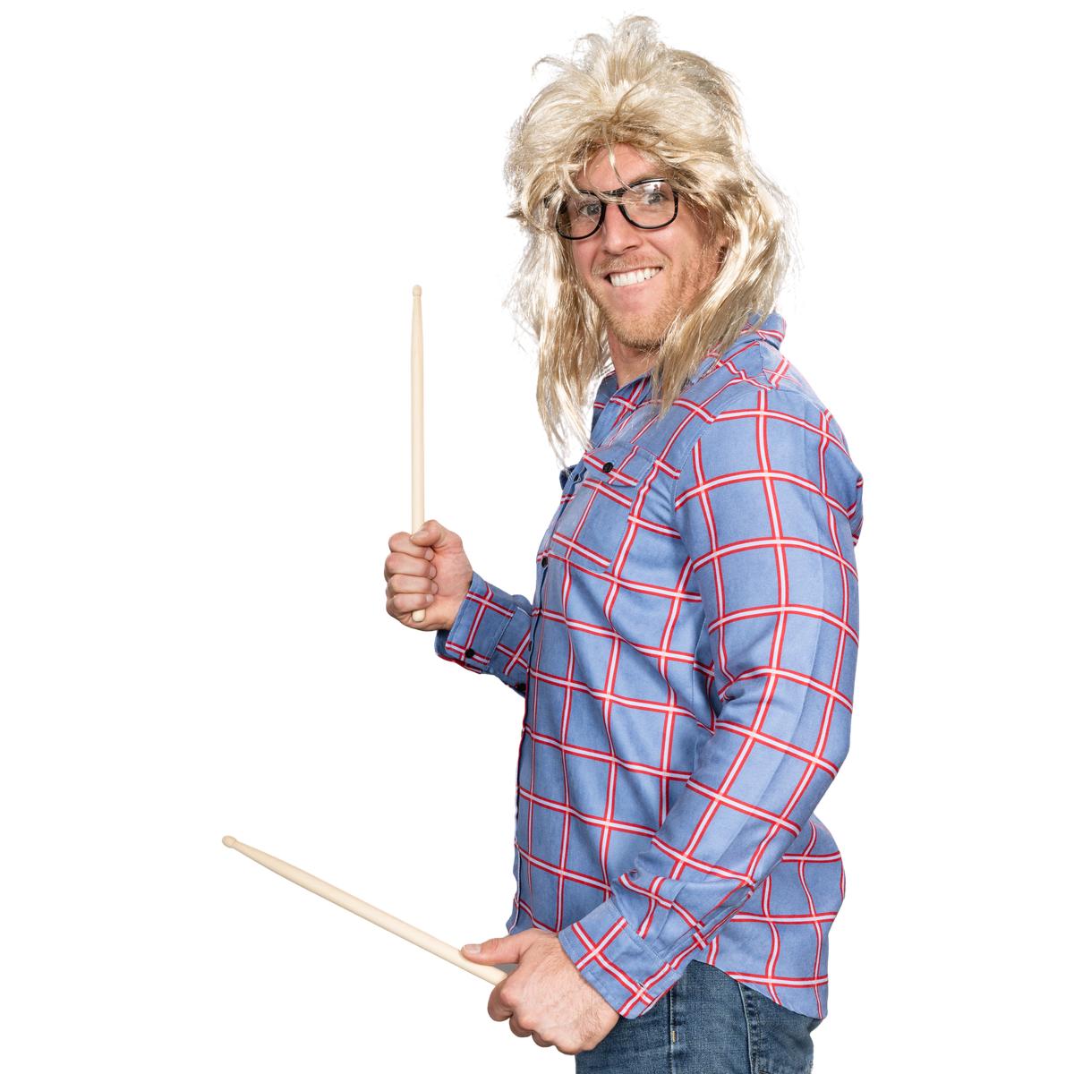 Garth Funny Tv Show Character Cosplay Button Down Flannel Shirt Wig and Drumstick Halloween Costume Set