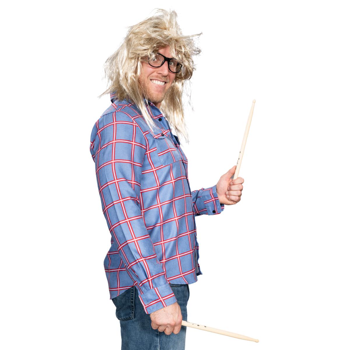 Garth Funny Tv Show Character Cosplay Button Down Flannel Shirt Wig and Drumstick Halloween Costume Set