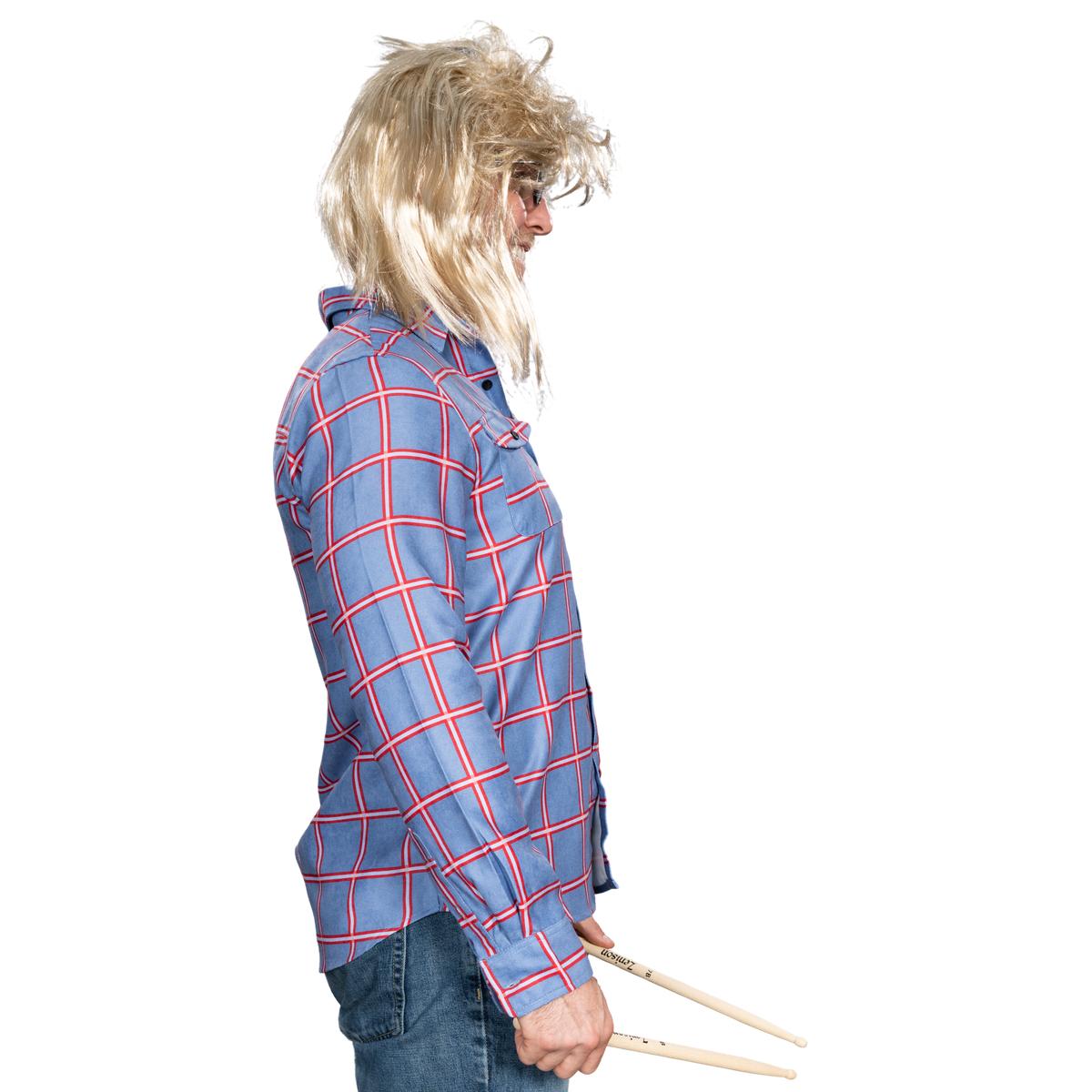 Garth Funny Tv Show Character Cosplay Button Down Flannel Shirt Wig and Drumstick Halloween Costume Set