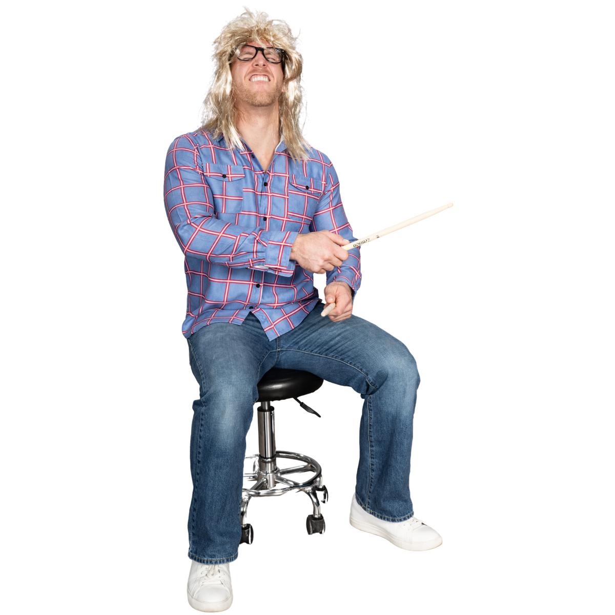 Garth Funny Tv Show Character Cosplay Button Down Flannel Shirt Wig and Drumstick Halloween Costume Set