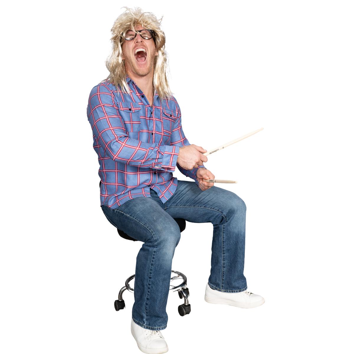 Garth Funny Tv Show Character Cosplay Button Down Flannel Shirt Wig and Drumstick Halloween Costume Set