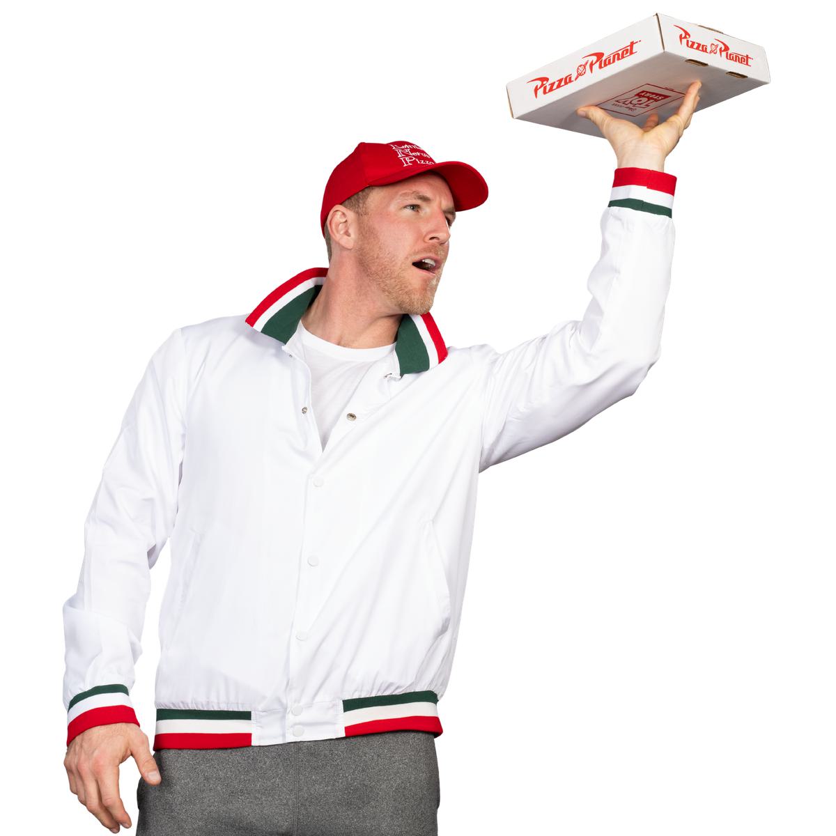 Little Nero’s Pizza Delivery Driver Christmas Movie White Jacket and Red Hat Complete Cosplay Halloween Costume Set