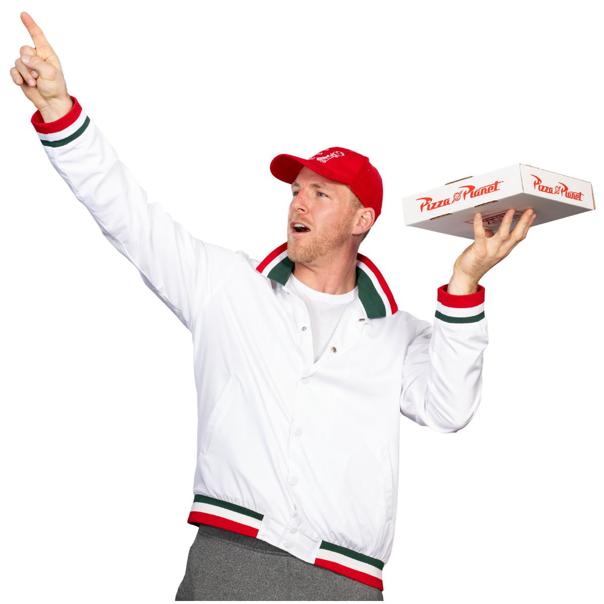 Little Nero’s Pizza Delivery Driver Christmas Movie White Jacket and Red Hat Complete Cosplay Halloween Costume Set