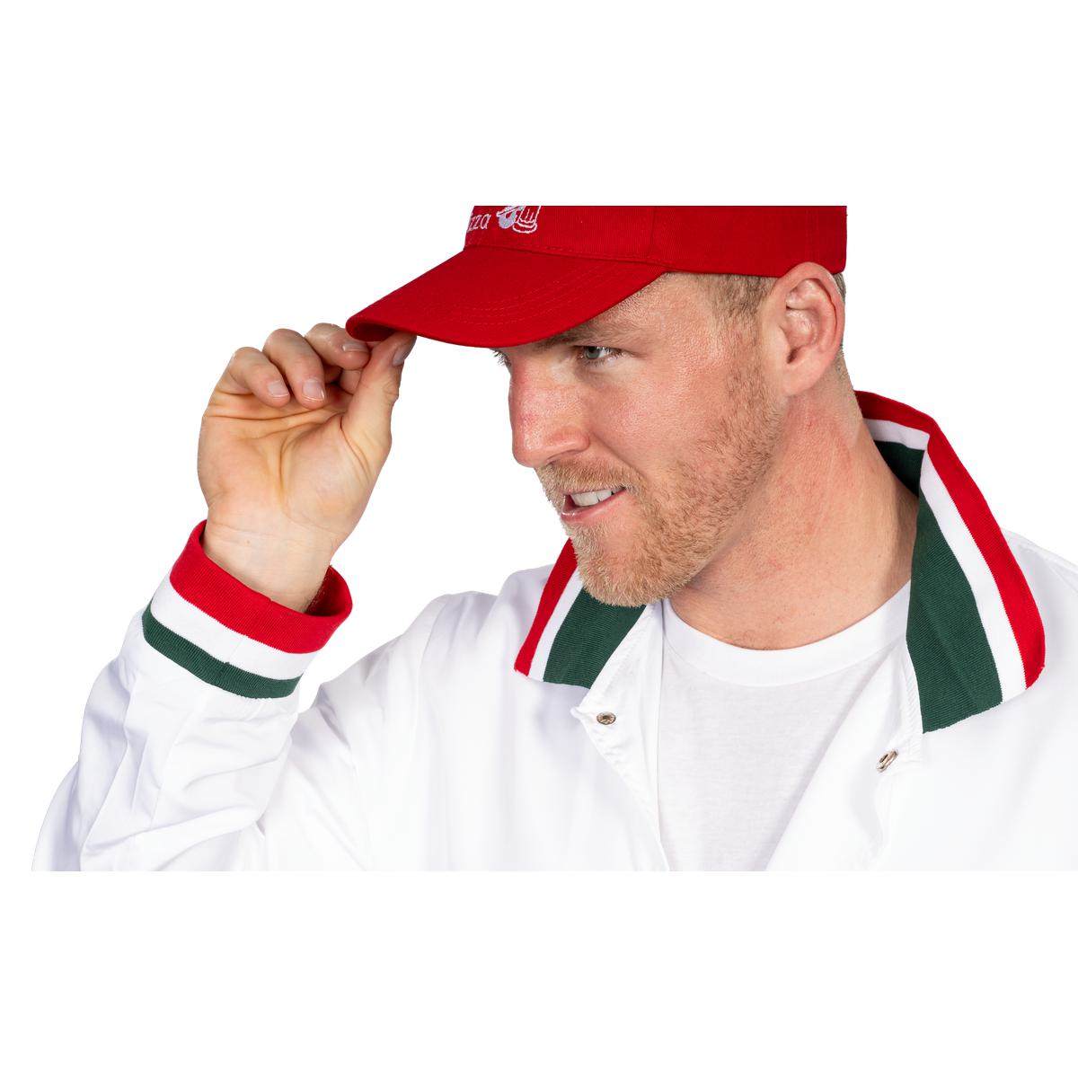 Little Nero’s Pizza Delivery Driver Christmas Movie White Jacket and Red Hat Complete Cosplay Halloween Costume Set