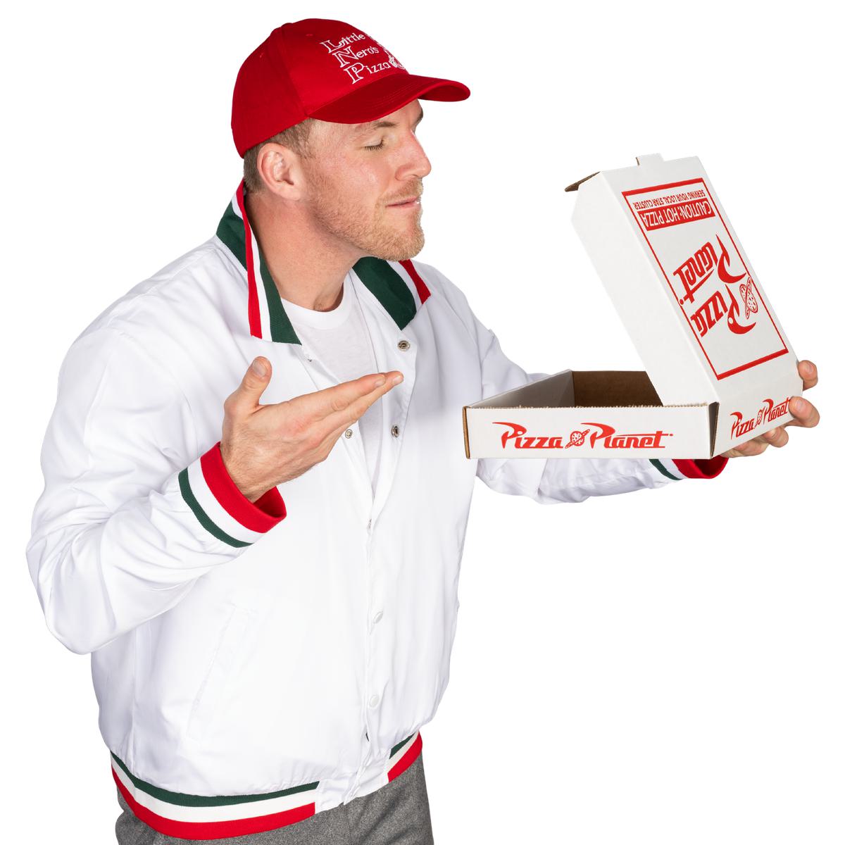 Little Nero’s Pizza Delivery Driver Christmas Movie White Jacket and Red Hat Complete Cosplay Halloween Costume Set