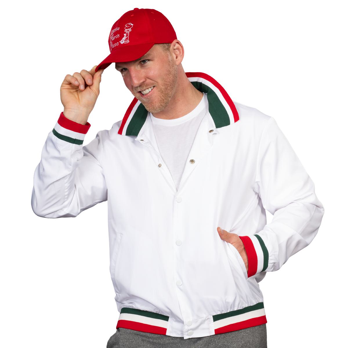 Little Nero’s Pizza Delivery Driver Christmas Movie White Jacket and Red Hat Complete Cosplay Halloween Costume Set