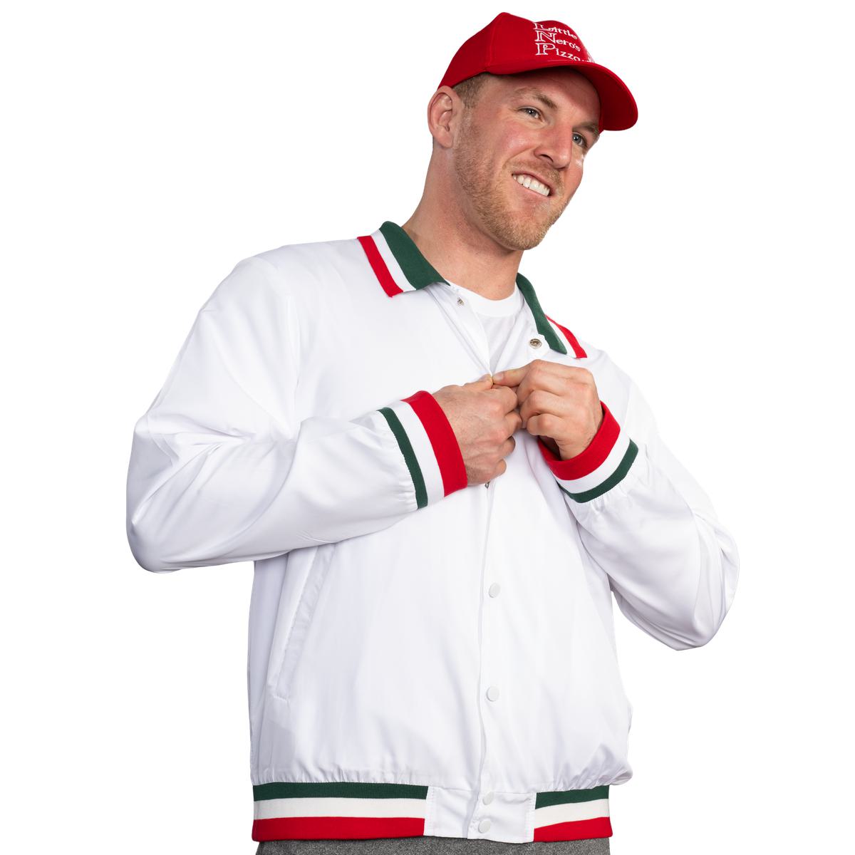 Little Nero’s Pizza Delivery Driver Christmas Movie White Jacket and Red Hat Complete Cosplay Halloween Costume Set