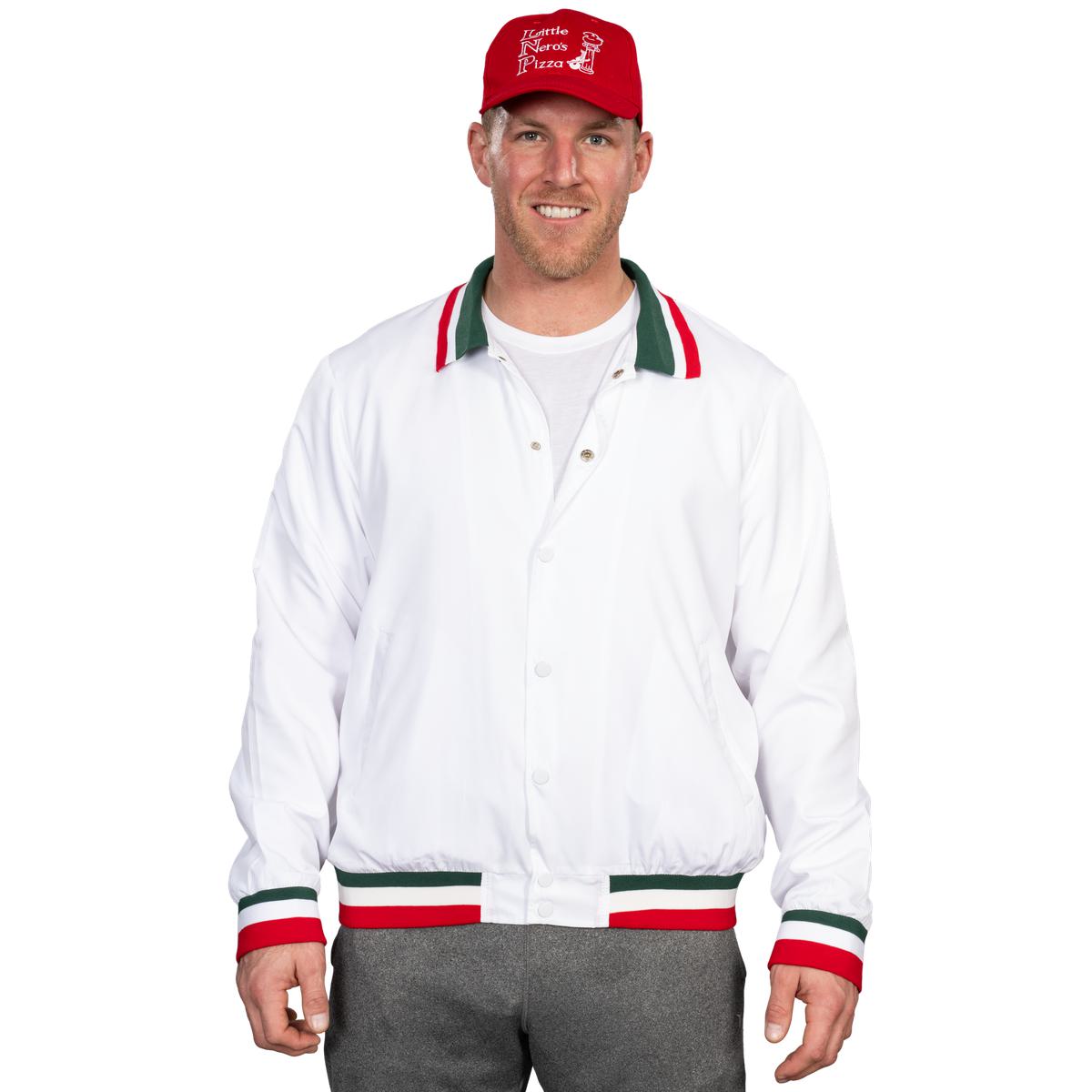 Little Nero’s Pizza Delivery Driver Christmas Movie White Jacket and Red Hat Complete Cosplay Halloween Costume Set