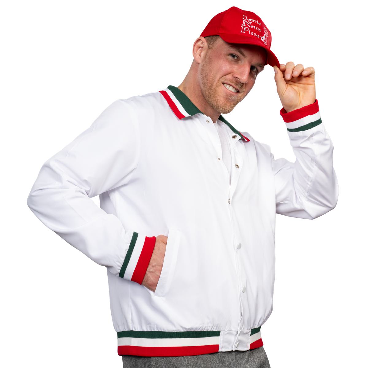 Little Nero’s Pizza Delivery Driver Christmas Movie White Jacket and Red Hat Complete Cosplay Halloween Costume Set