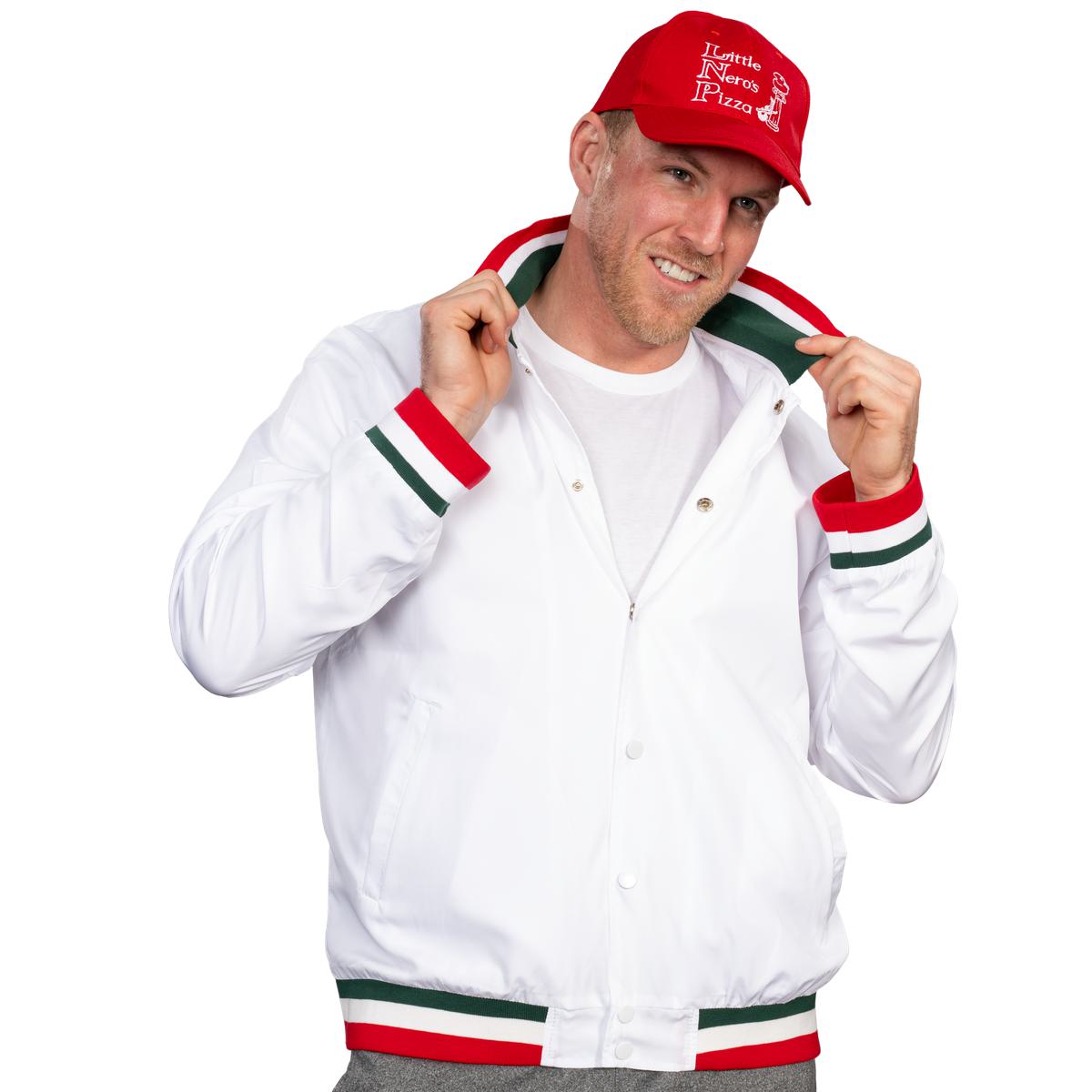 Little Nero’s Pizza Delivery Driver Christmas Movie White Jacket and Red Hat Complete Cosplay Halloween Costume Set